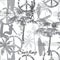 Vector Surfing California Grayscale Seamless Pattern Surface Design With Sporty Girls, Palm Trees, Peace Signs, Surf