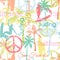 Vector Surfing California San Francisco Colorful Seamless Pattern Surface Design With Active Women, Palm Trees, Peace