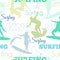 Vector Surfing People California Blue Green Seamless Pattern Surface Design With Men, Women On Surf Boards.