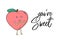 Vector sweet peach poster. Nectarine summer fruit text print. Kitchen quote. Funny kids character juicy hand drawn food