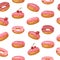 Vector Sweet seamless background  with pink glazed donuts with berries, cherry, strawberry and powder. Pattern can be used for