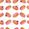 Vector Sweet seamless background  with pink glazed donuts with berries, cherry, strawberry and powder. Pattern can be used for