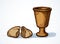 Vector symbols of Communion. Broken bread and wine in bowl