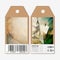 Vector tags design on both sides, cardboard sale labels with barcode. Conceptual design, abstract 3D pyramid, vector