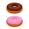 Vector tasty donuts - chocolate, pink glaze. Pastry, cartoon flat style
