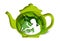 Vector tea pot with woman harvesting herbs