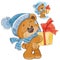 Vector teddy bear in a knitted cap and scarf handing a gift box.