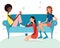 Vector Teenage Girls Tea Party Illustration With Three Pretty Friends Celebrating Eating Cake On Couch. Perfect for a