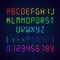 Vector template of colorful digital glowing font. Illustration of letters and numerals with punctuation marks