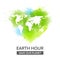 Vector template of Earth Hour with world map on watercolor heart background