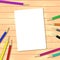 Vector template or mock up with wooden planks tabel,colorful pencils and paper document a4. Easy to place your image on