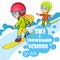 Vector template for ski and snowboard school. Kids on snowboard vector illustration.