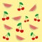 Vector texture of a cherry fruit and watermelon is on a colored background. Illustration of cherry, watermelon