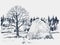 Vector textured sketch of village winter landscape with tree silhouette and hay stack under snow