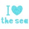 Vector textured turquoise heart with a sea pattern and waves lettering I love the sea