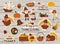 Vector Thanksgiving stickers set. Autumn patches collection with cute turkey, pilgrims, pumpkins on wooden background. Fall