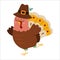 Vector Thanksgiving turkey in pilgrim hat. Autumn bird icon. Fall holiday dancing animal with closed eyes isolated on white