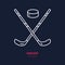 Vector thin line icon of hockey stick and puck. Winter recreation equipment rent logo. Cold season activities sign