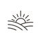 Vector thin line outline icon illustration outline. Field and sun. Sunset or sunrise in nature, rural area town farm