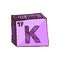 Vector three-dimensional hand drawn chemical violet symbol of potassium or kalium with an abbreviation K from the periodic table