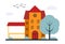 Vector three-storey house with red slate and windows eps 10, Vector a large house with a curtain near it and trees and