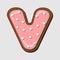 Vector top view chocolate chip cookie covered with coral icing in shape of letter V