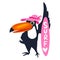 Vector toucan with surf. Funny summer illustration. Cartoon exot