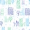 Vector Town Houses Trees Streets Blue Green Drawing Seamless Pattern with polka dots. Perfect for travel themed designs