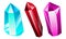 Vector transparent red, turquoise, lilac crystals. Cartoon colorful minerals.