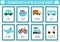 Vector transportation flash cards set with car, ship, truck, bike, plane, train, bus. English language game with cute transport