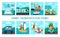 Vector transportation scenes set. Cute kids driving different transport. City, air, sea, road vehicles square landscapes with boys