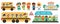 Vector transportation set with children. Funny school bus clipart collection with driver, little schoolchildren, bus stop,