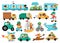 Vector transportation set with children. Funny water, land, air transport collection with drivers for kids. Cars and vehicles clip