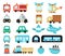 Vector transportation set with front and side view. Funny water, land, air underground transport collection for kids. Cars and