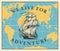 Vector travel banner with sailing ship and world map