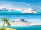 Vector travel banners set. Yacht in the bay of tropical island, ocean sea cruise liner in the islands.