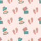 Vector travel fun seamless pattern background with flip flops, hats, suitcases, Feminine repeat backdrop with pink, aqua