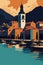 Vector travel illustration Budva Montenegro water view and old town tower