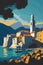 Vector travel illustration old church Montenegro water view and old town tower
