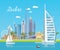 Vector travel poster of United Arab Emirates. Dubai. City view. UAE template with modern buildings and mosque in light style.