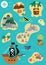 Vector treasure island map with pirate ship, mermaid, octopus. Cute tropical sea isles with sand, palm trees, volcano, rocks,