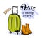 Vector trendy fashion illustration with hand drawn women boots, baggage & Paris waiting greeting isolated on white background.