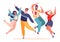 Vector, trendy illustration in flat cartoon style with four young joyful laughing people jumping