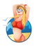 vector trendy illustration on the theme of summer holidays. tanned young smiling blonde girl in yellow swimsuit