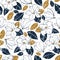 Vector trendy seamless pattern with botanical elements in vintage style.Magnolia flowers,buds and leaves in deep blue and mustard