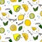 Vector trendy summer decoration. Lemon fruit drawing with mint leaves. Fresh juicy natural vegetarian sweet texture