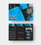 Vector trifold template with blue geometric illustration folding brochure with creative design on black background, with realistic