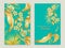 Vector tropical cover with golden leaves on greenish-blue background