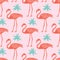 Vector tropical flamingos and flowers seamless pattern on pink background