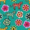 Vector tropical flowers and tigers seamless pattern background.